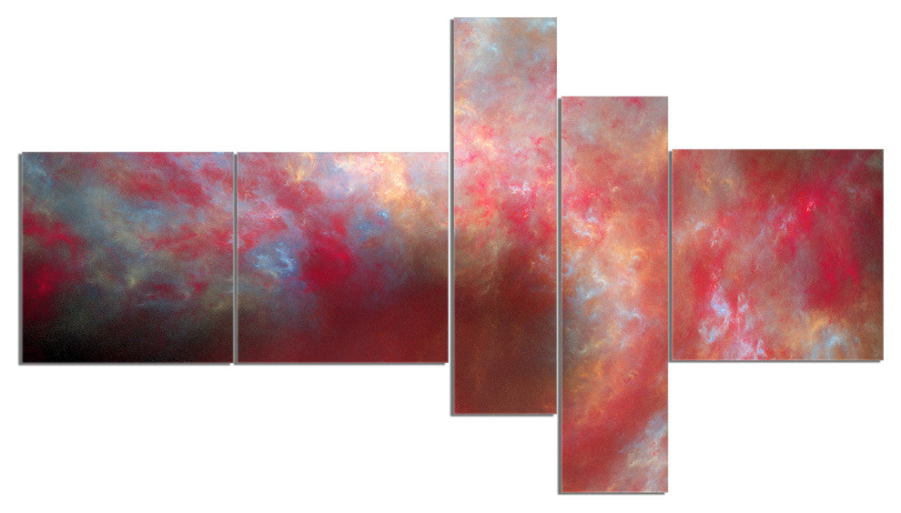 Red Starry Fractal Sky, Abstract Canvas Art Print, 60"x32", 5 panels