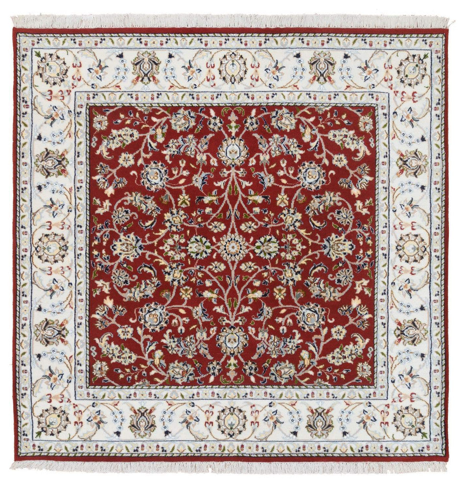 Red, Hand Knotted Nain, 250 KPSI Wool and Silk, Square Oriental Rug, 5'0" x 5'1"