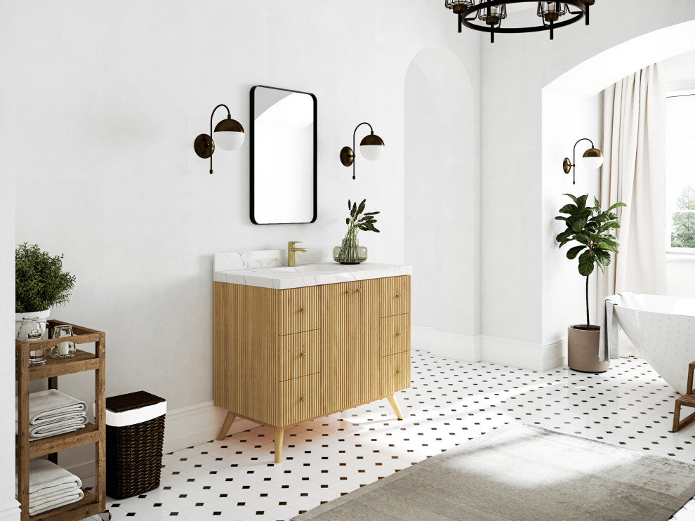 Pasadena 42 Single Sink Bath Vanity in Light Natural Teak 2" White Quartz