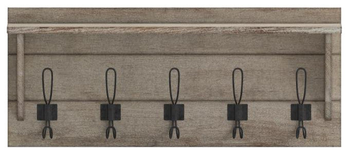 Daly Wall Mounted Solid Pine Wood Storage Rack With Upper Shelf and 5 Hooks, Rustic Brown