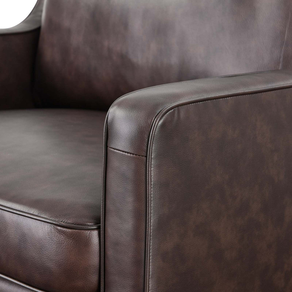 Armchair Accent Chair, Brown, Leather, French, Mid Century Hotel Lounge Cafe