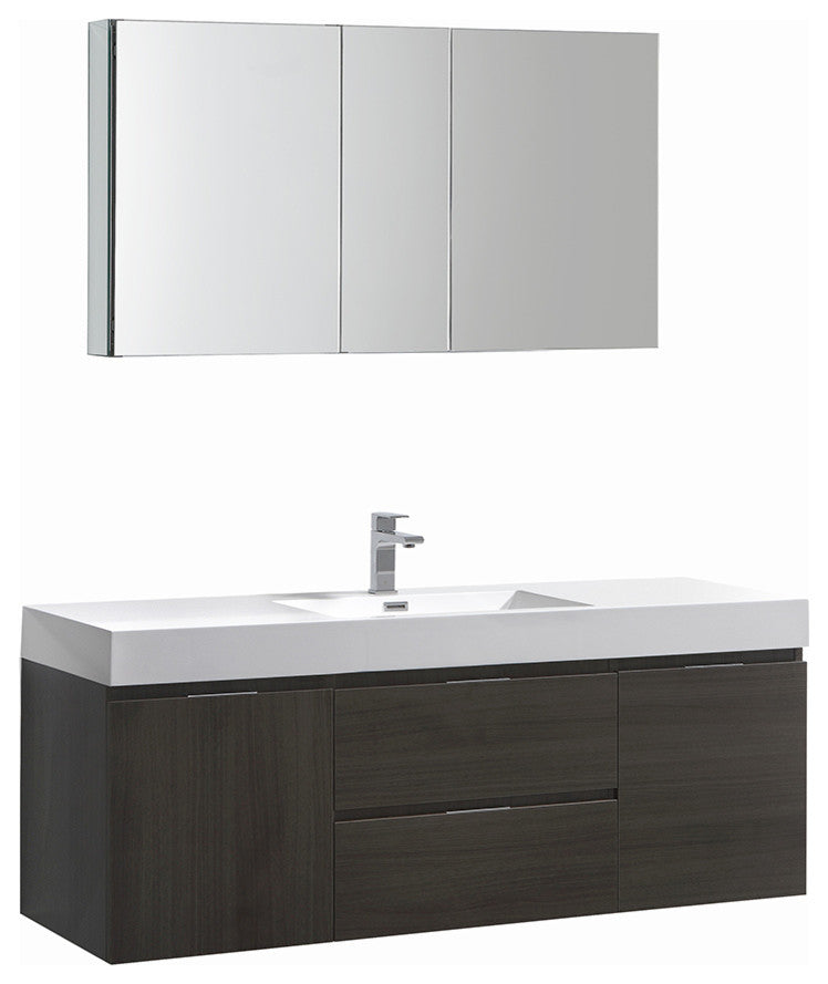 Valencia 60" Gray Oak Wall Hung Bathroom Vanity Set, Cabinet, Faucet FFT3071CH