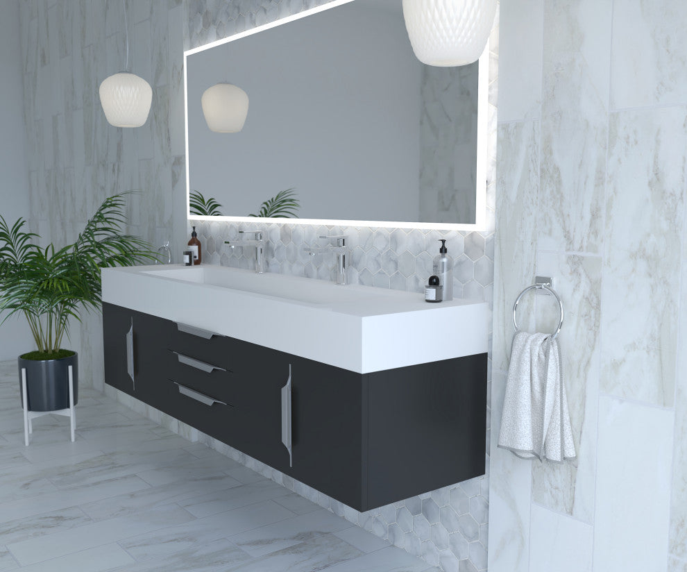 CastelloUSA Nile 72" Wall Mounted Bathroom Vanity Set, Black, White Top, Chrome Handles