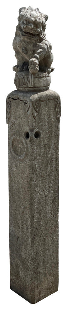 Chinese Pair Gray Stone Fengshui Foo Dogs Lion Slim Pole Statues Hcs7665