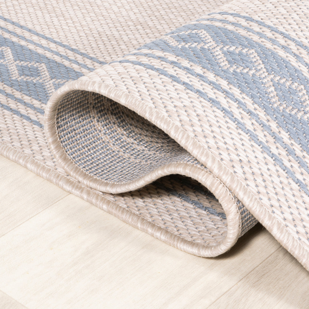 Lucia Classic Diamond Border Indoor/Outdoor Area Rug, Cream/Blue, 2x8