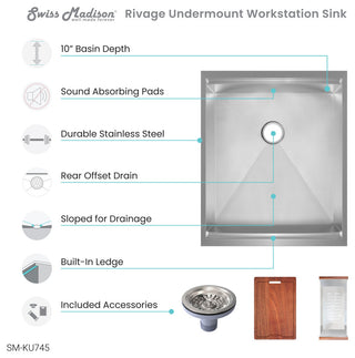 Rivage 15x19" Single Basin Undermount Kitchen Workstation Sink