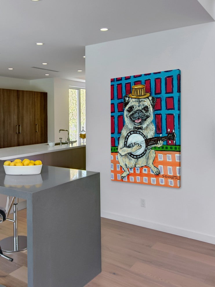 "Pug Banjo" Painting Print on Wrapped Canvas, 30"x45"