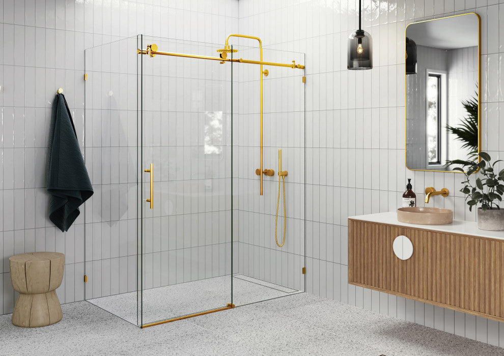 60"-64"x34"x78" Frameless Sliding Shower Door With Return Panel, Satin Brass