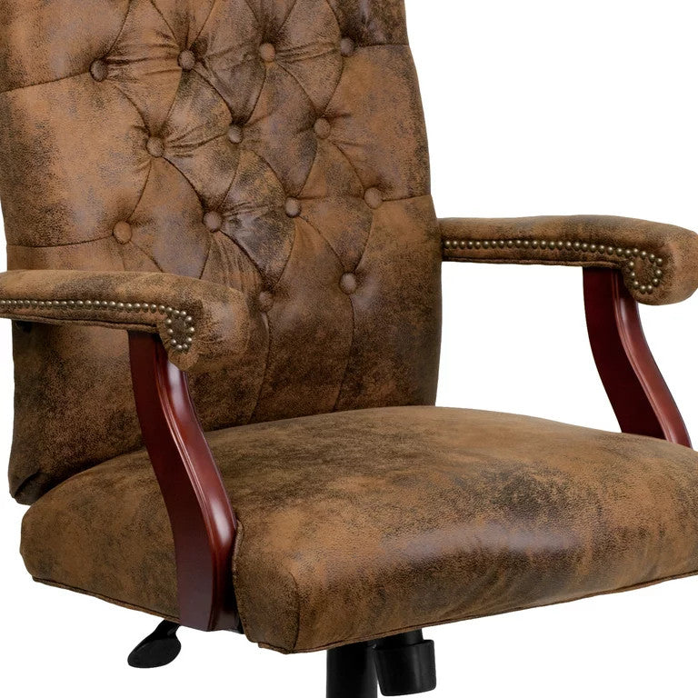 Office Chair, Button Tufted Back & Arms With Nailhead, Bomber Brown Microfiber