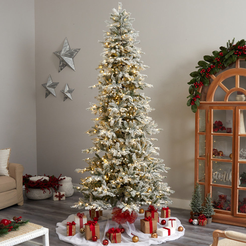 9.5' Slim Flocked Nova Scotia Spruce Faux Xmas Tree W/Lights & Bendable Branches