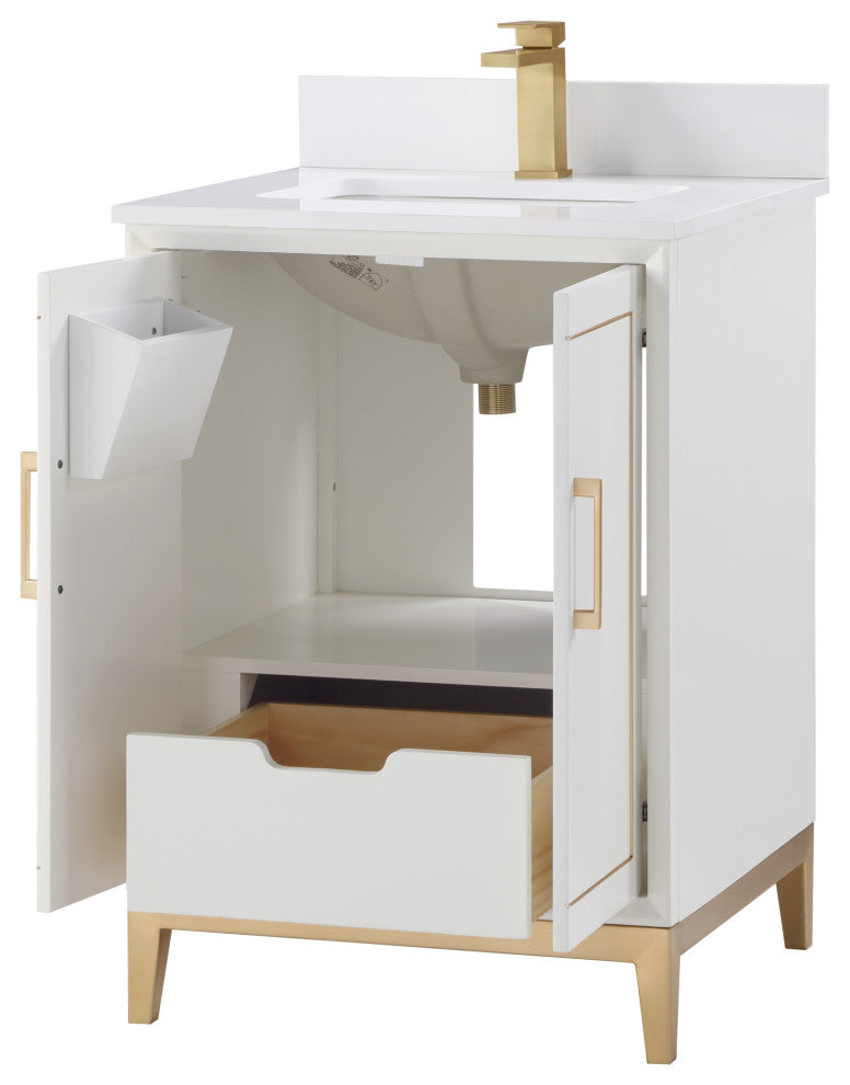 Gracie Bathroom Vanity, Satin White With White Quartz, 24"
