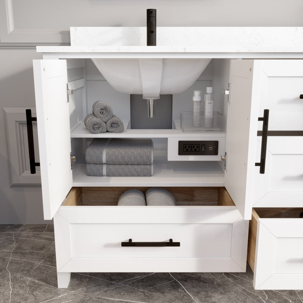 Houston 72" Double Vanity With Power Bar and Drawer Organizer, White