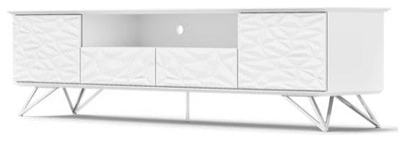 86.5" Modern Vortice TV Stand White Lacquer Body Chrome Legs Geometric Paneling