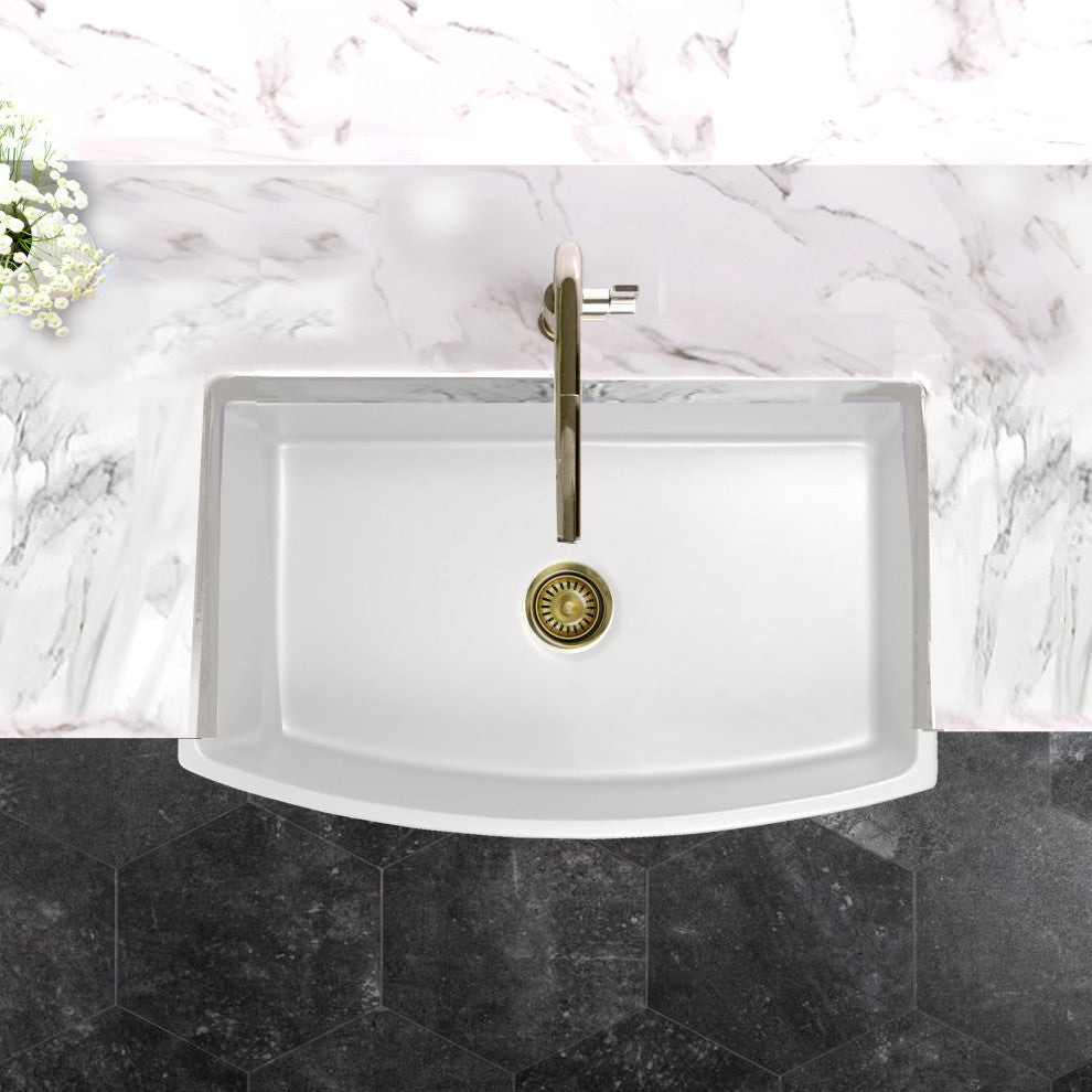 Nantucket Sinks' White Farmhouse Fireclay Sink, Curved Front, 33"