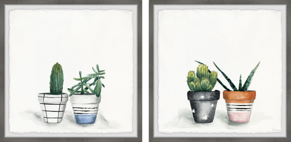 Decorated Cactus Pots Diptych, Set of 2, 24x24 Panels