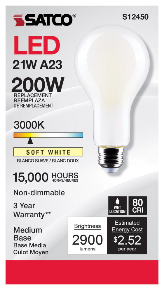 21W, A23 LED, Frost Finish, Medium Base, 3000K, 120V