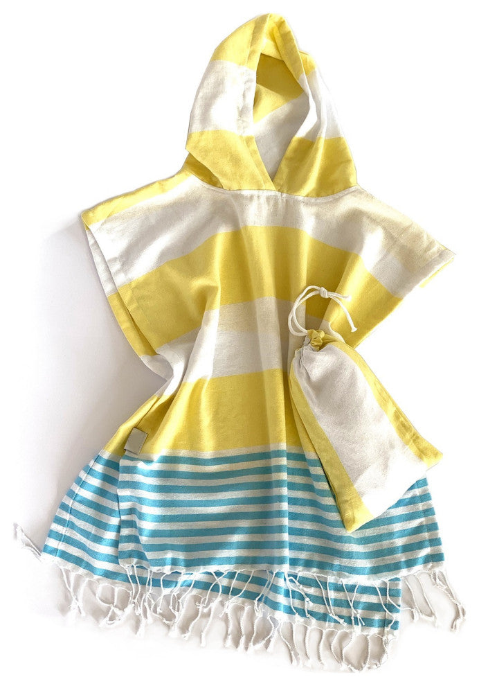Yellow Aqua and White Striped Design Poncho Towel