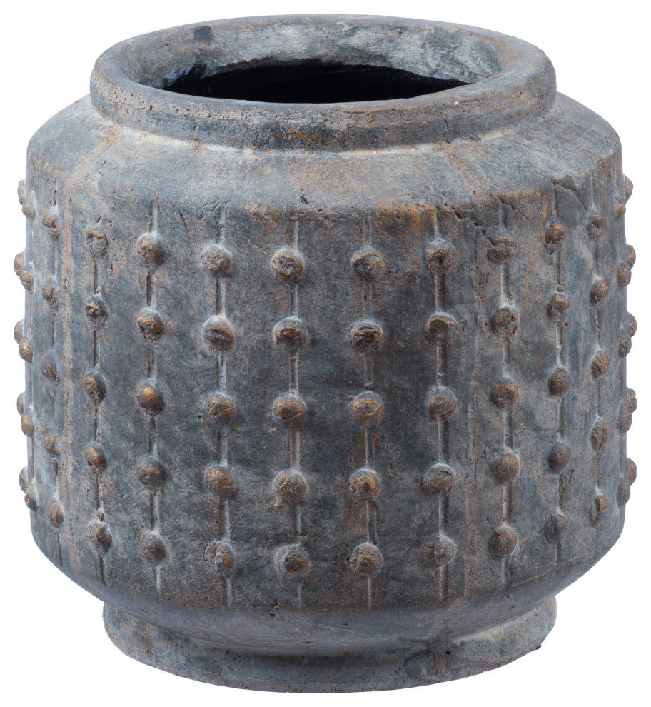 Benzara BM286298 8" Ceramic Planter, Round Curved Bubbled Texture, Gray Finish