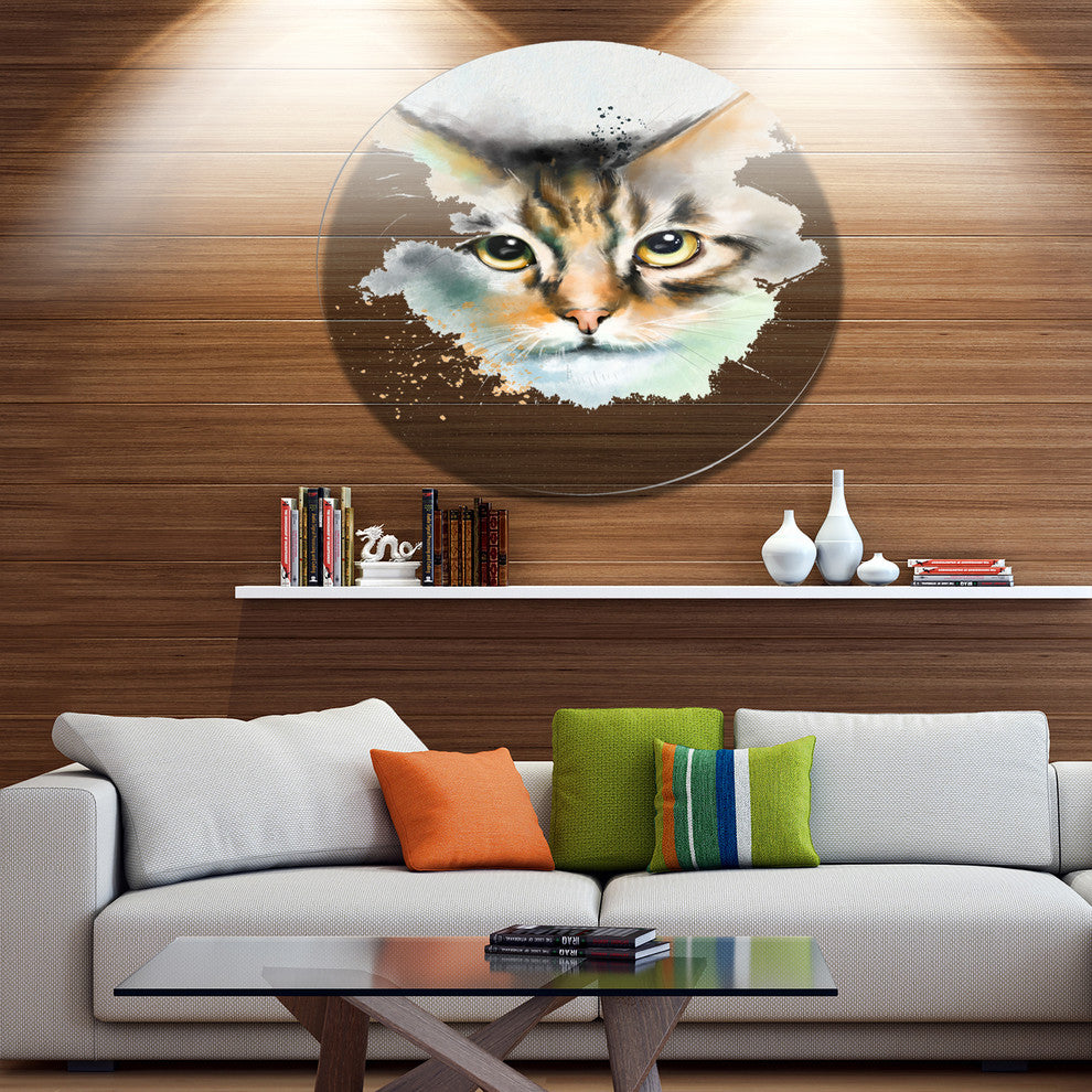 Strong Look Of Cat Watercolor Sketch, Animal Round Metal Wall Art, 36"