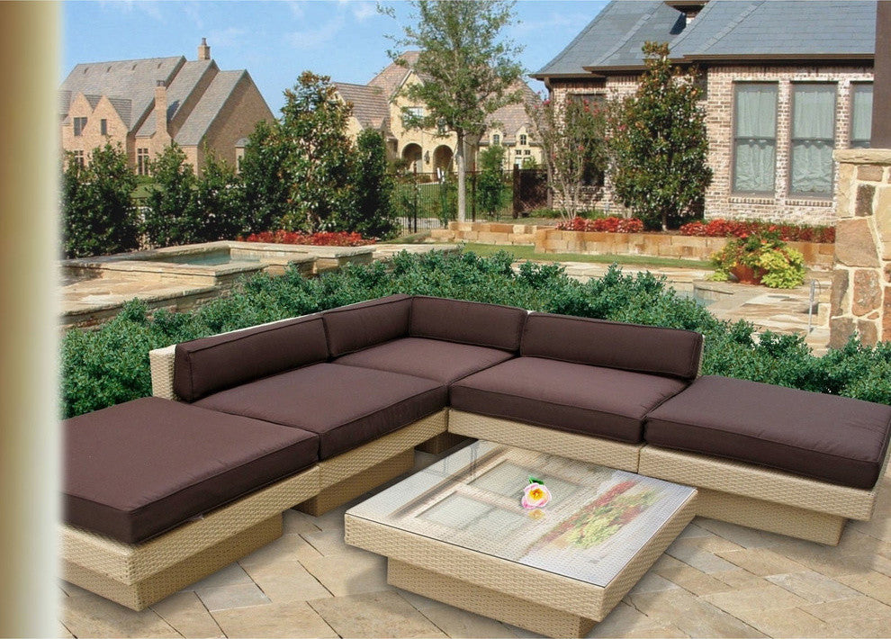 Modern Urban Outdoor Patio Rattan and Wicker 6-Piece SetSectional Set Tan Brown