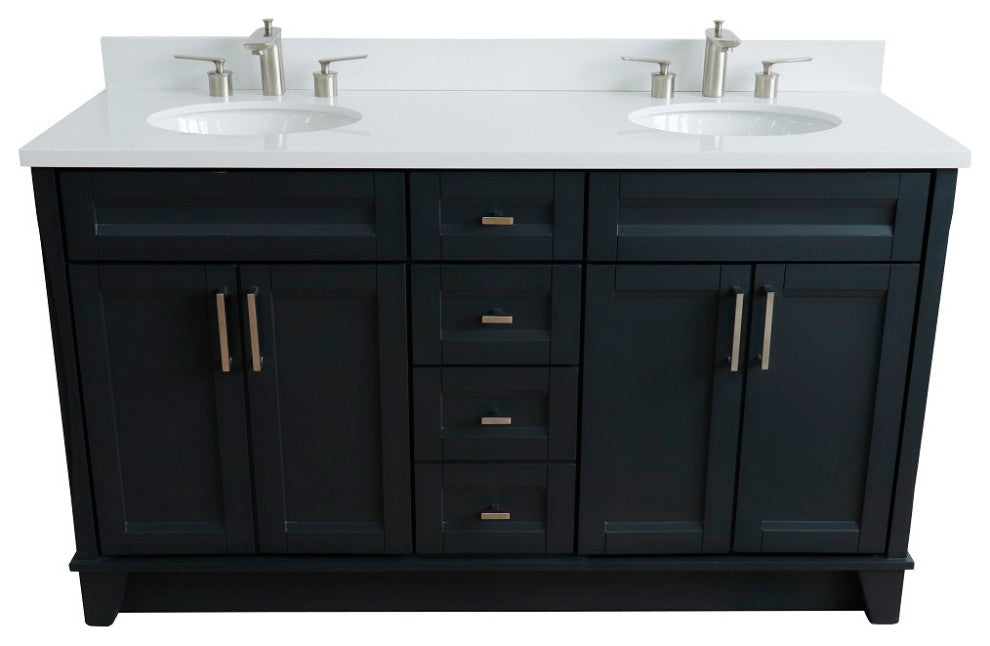 61" Double Sink Vanity, Dark Gray Finish And Engineered Stone Top And Oval Sink