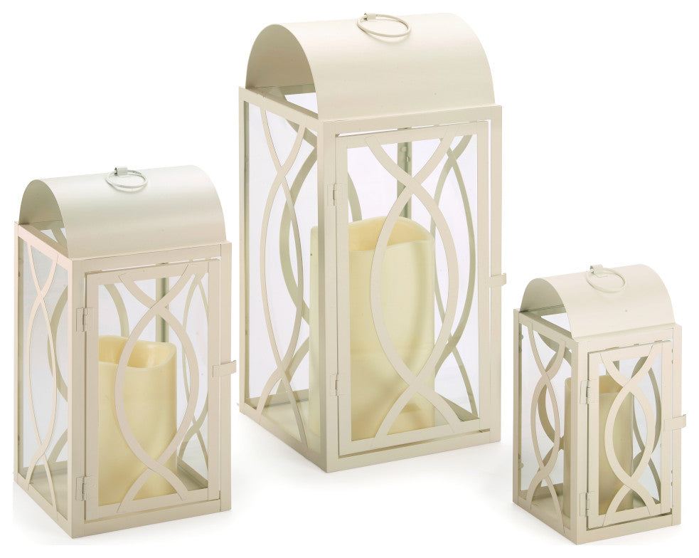 Set of 3 Indoor/Outdoor Rogan Metal and Glass Candle Lanterns- White