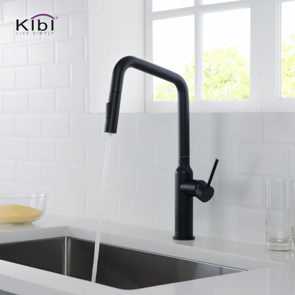 Macon Single Handle Pull Down Kitchen Faucet, Matte Black, W/ Soap Dispenser