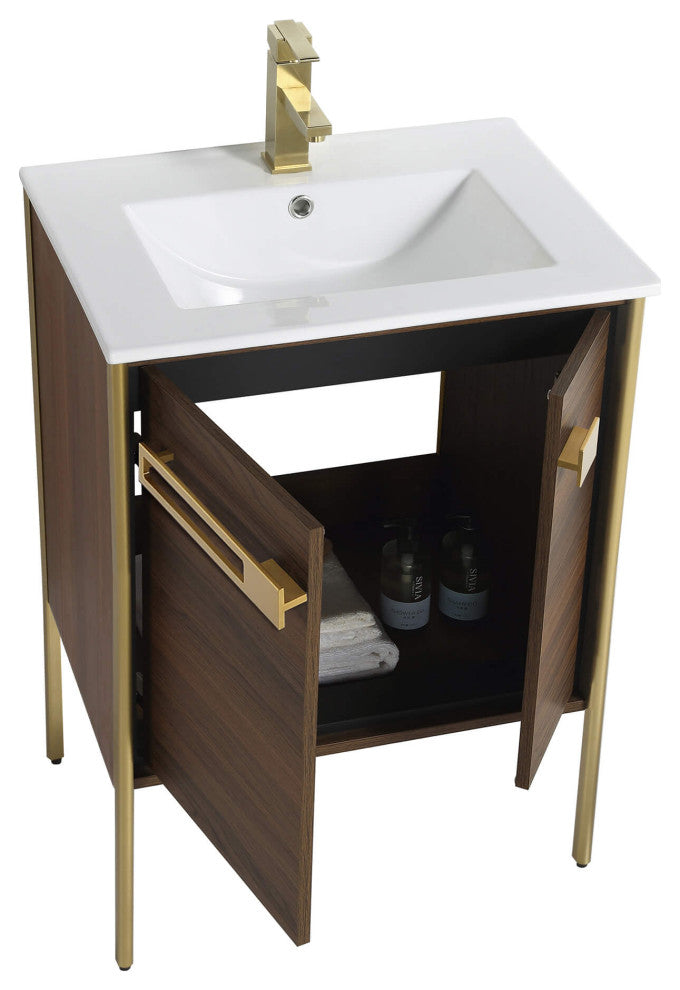 Oakville Bath Vanity, Ceramic Sink, Walnut Ebony, 24 Inch, Satin Brass Hardware