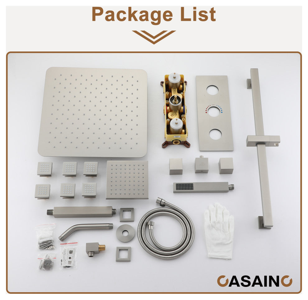 16inch Deluxe Showerhead Dual Shower Head System With Slide Bar and 6 Body Jets, Brushed Nickel
