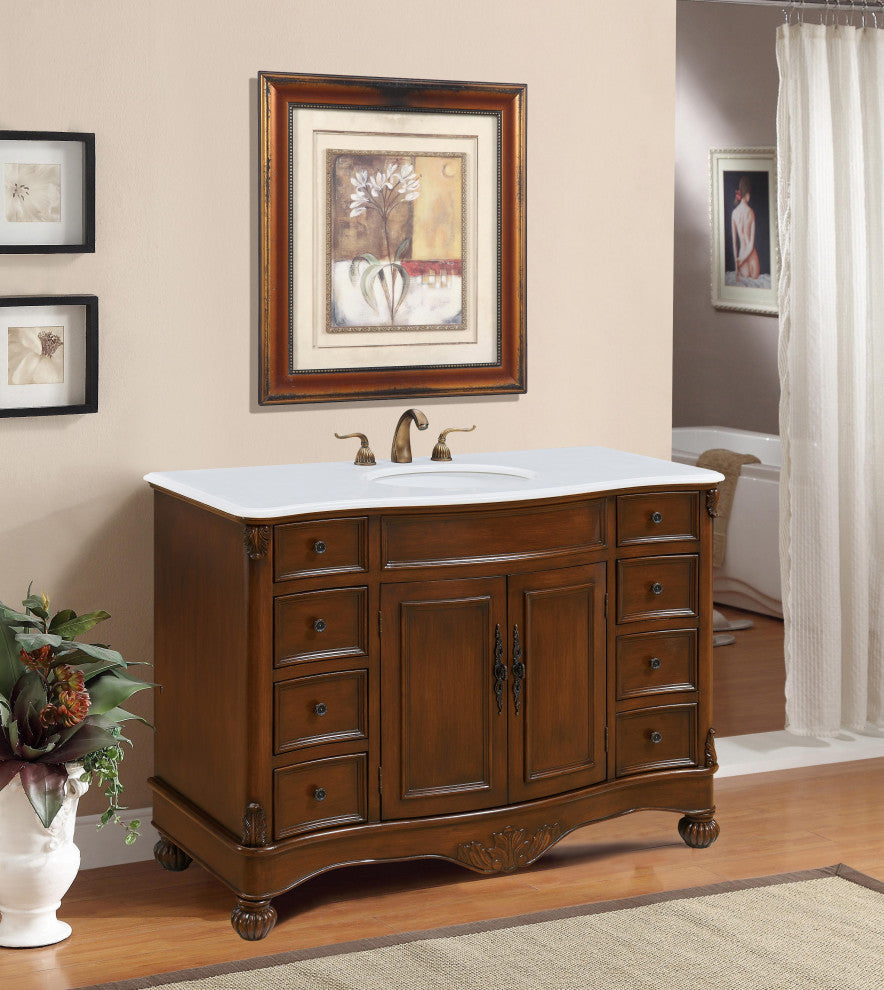 48" Single Bathroom Vanity, Teak Color With ivory white engineered marble, 48
