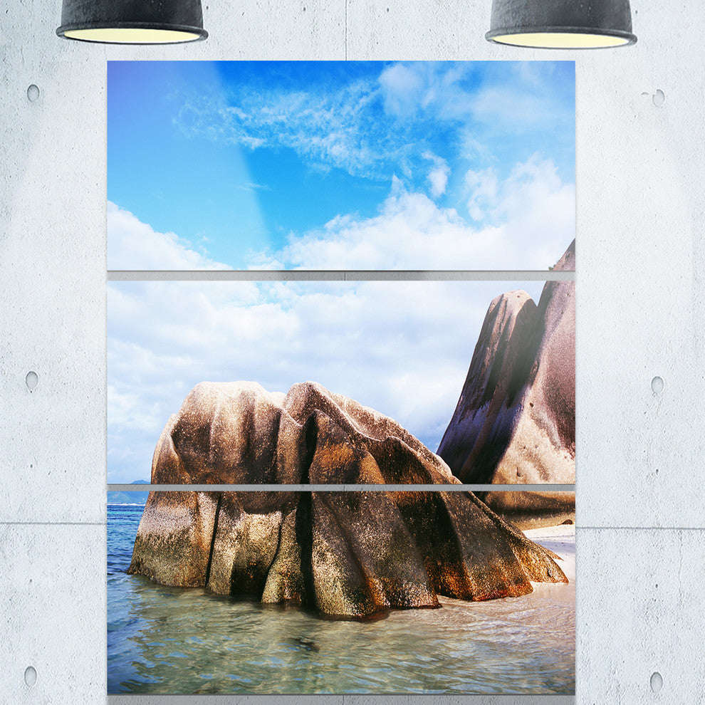 "Massive Rocks in Seychelles Beach" Metal Wall Art, 3 Panels, 28"x36"