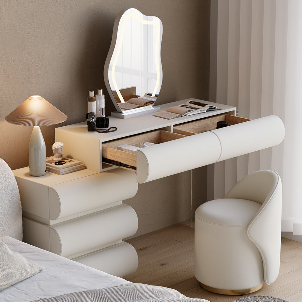 Modern Vanity Set PU Leather Dressing Table With Stool/LED Mirror, Off-White