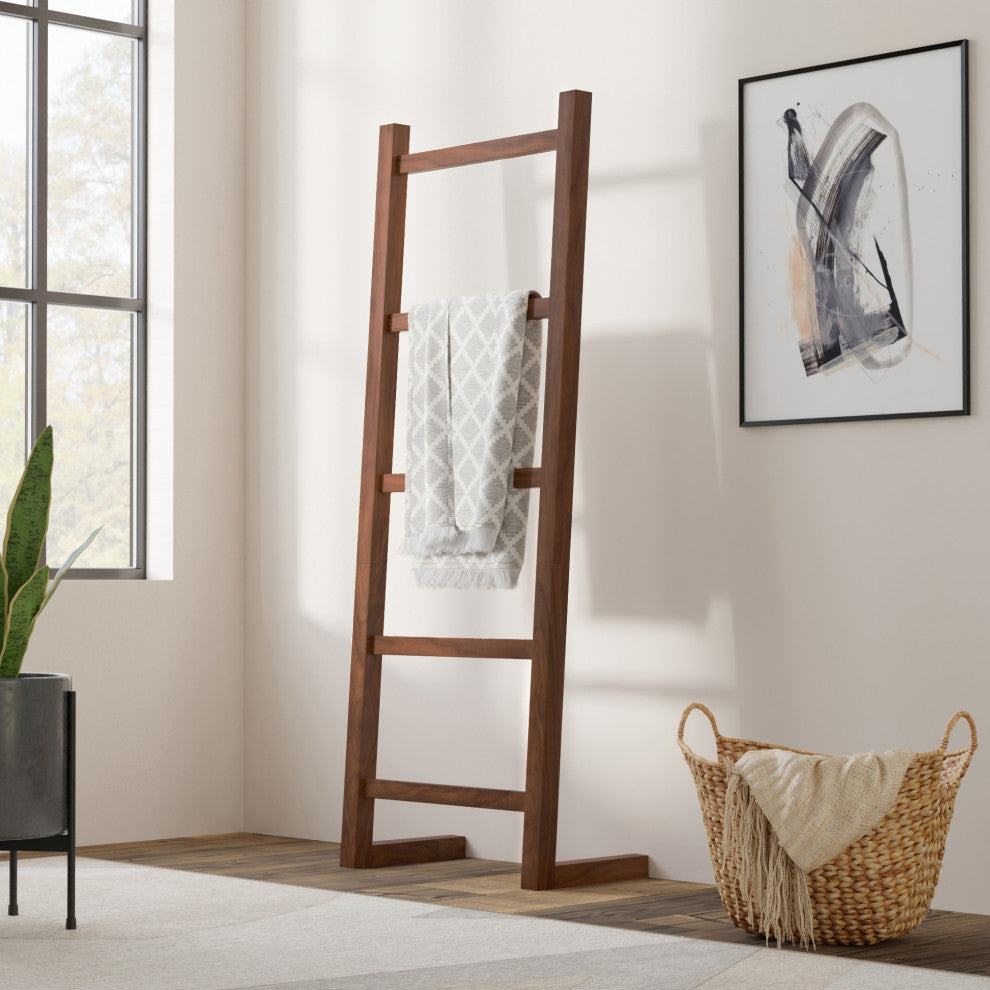 Bray Solid Acacia Wood Bath Towel and Blanket Ladder Shelf, Natural Walnut