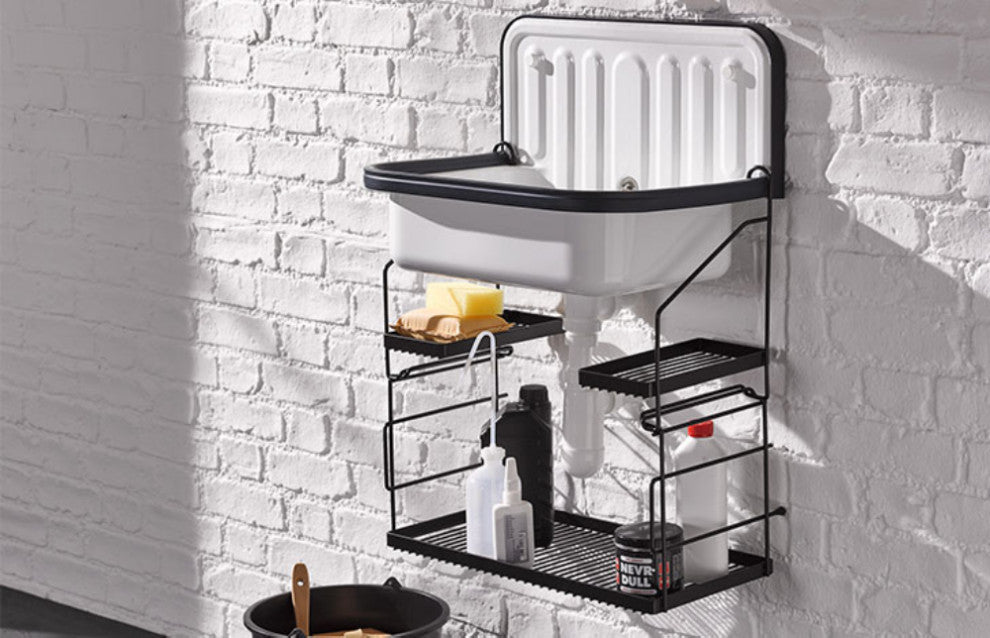 Wall Mounted Service / Utility Sink, White Glazed Steel, Black Trim