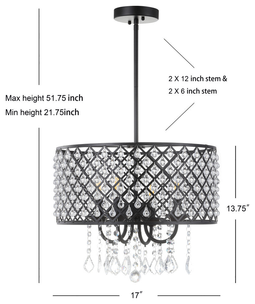 Gigi Metal and Crystal Adjustable LED Drop Pendant, Black and Clear, 17