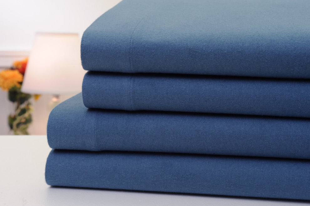 Bibb Home 4-Piece Solid Flannel Sheet Set, Blue, King