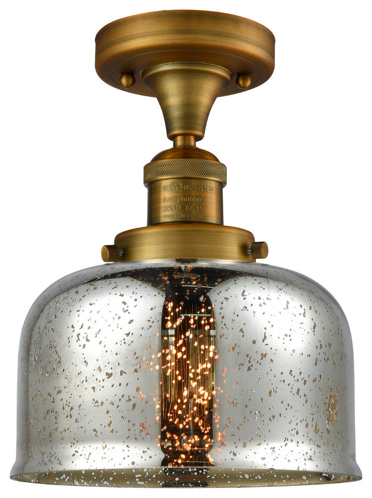 Large Bell 8" Semi-Flush Mount, Brushed Brass, Glass: Silver Mercury