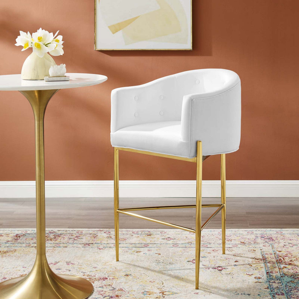 Tufted Bar Stool Chair Barstool, Velvet, Metal, White, Modern, Bar Pub Bistro