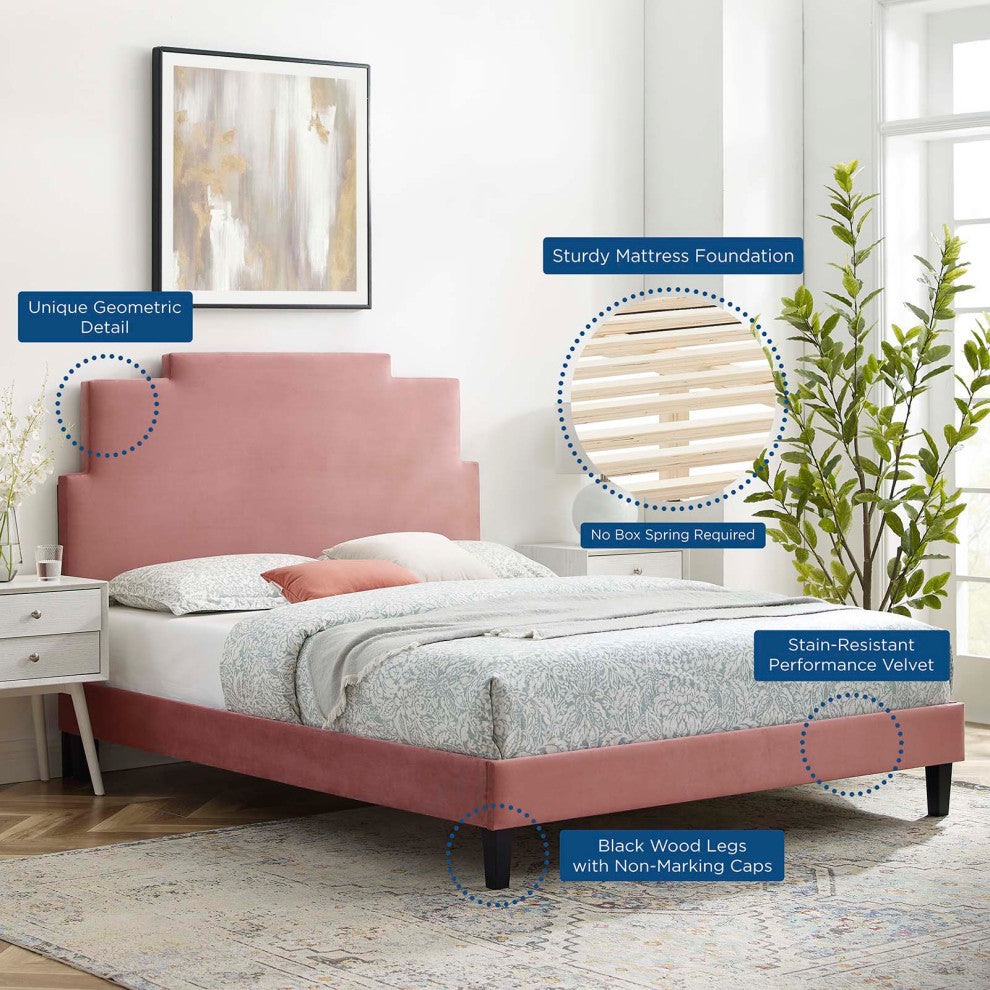 Platform Bed Frame, King Size, Velvet, Pink, Modern Contemporary, Bedroom Master