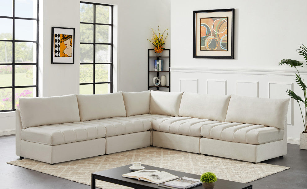 Jacob Velvet Upholstered 5-Piece L-Shaped Modular Sectional, Cream