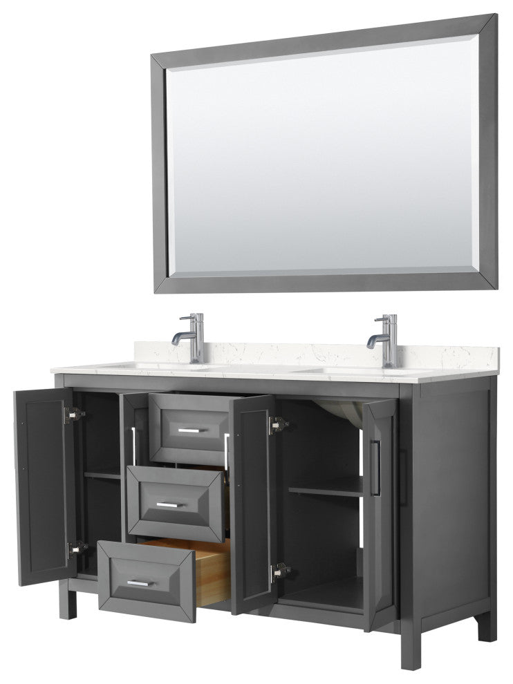 60, Double Vanity, Dark Gray, Light-Vein Marble Top, SQ Sinks, 58, Mirror