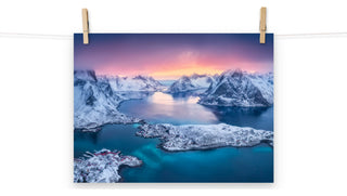 Reine at Winter Sunset Icy Mountain Landscape Photo Loose Wall Art Prints, 12" X 16"