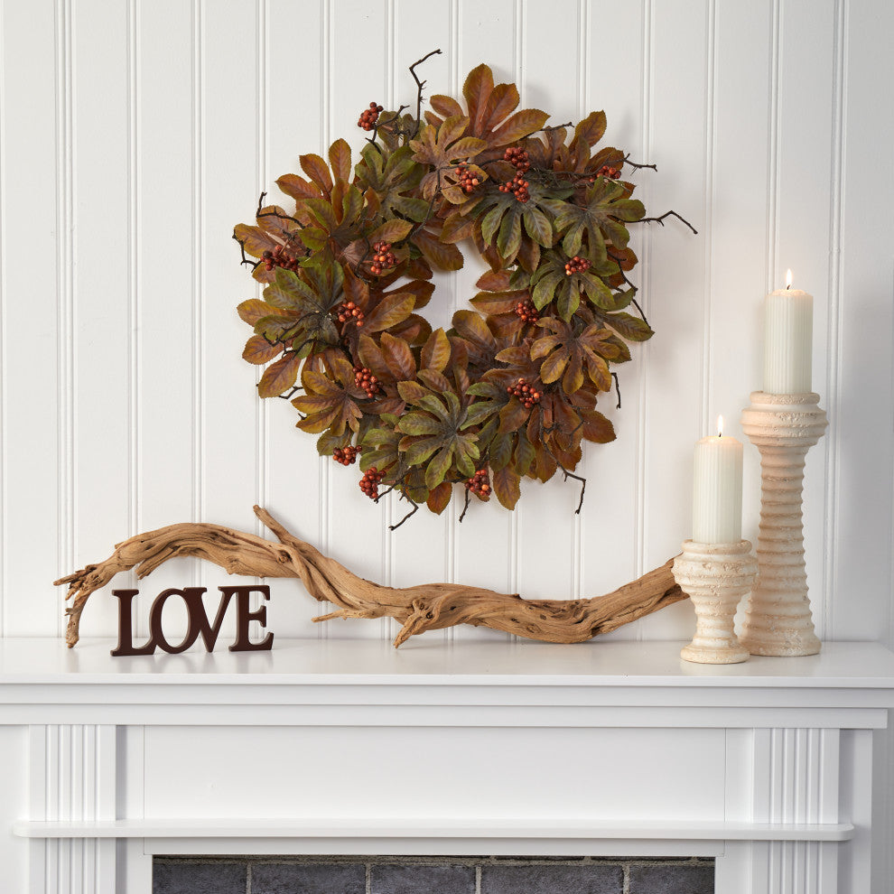 Nearly Natural 24ï¿½ Fatsia with Berries Autumn Artificial Wreath