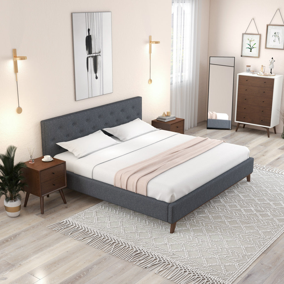 Ashton Mid-Century Modern Solid Wood Tufted Dark Grey Fabric Platform Bed, King