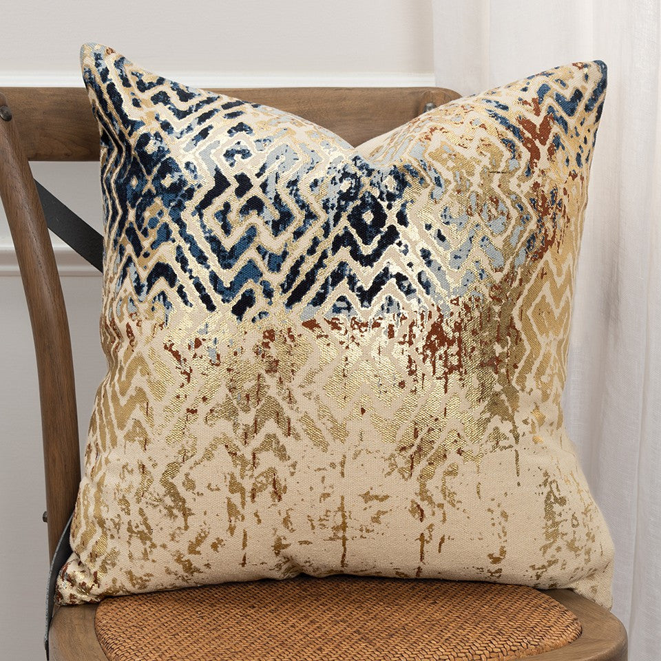 Beige Navy Distressed Retro Modern Lumbar Pillow