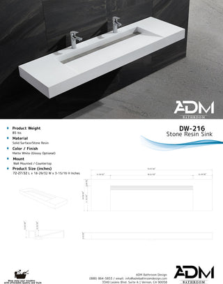 ADM Bathroom Rectangular Wall Mounted Sink, White 73", Matte White