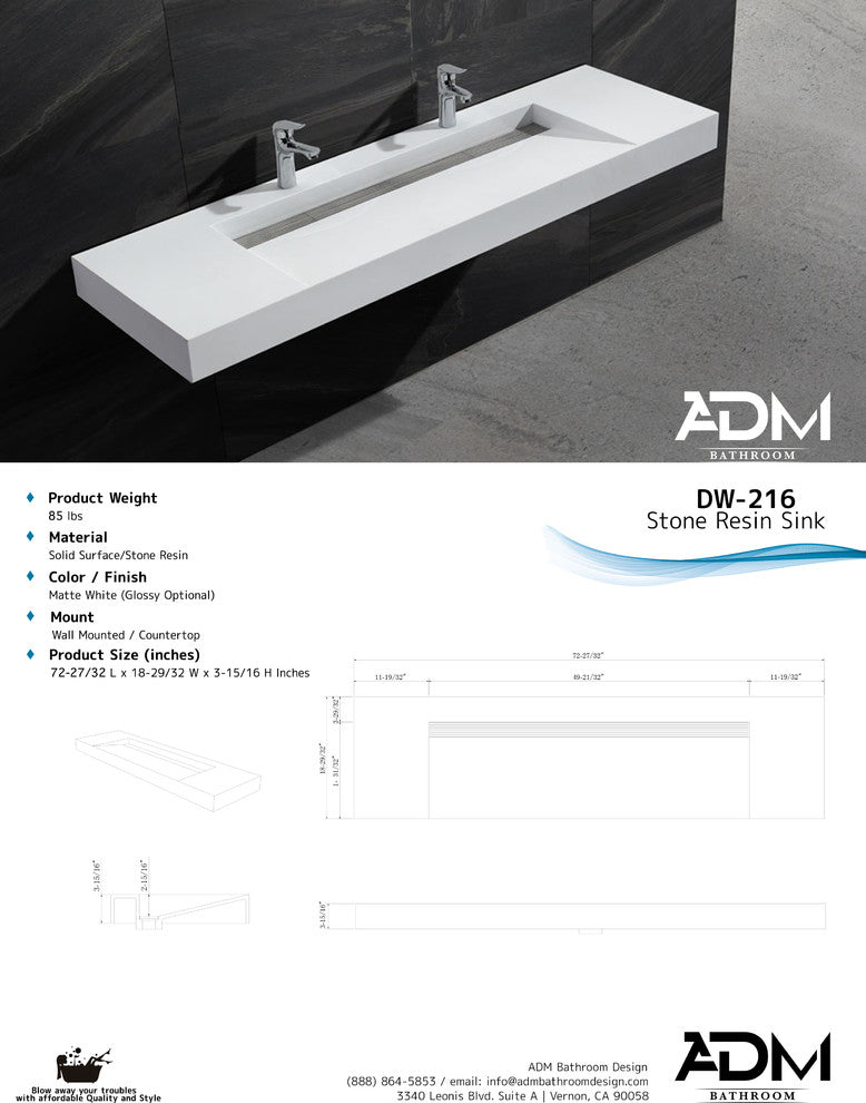ADM Bathroom Rectangular Wall Mounted Sink, White 73", Matte White