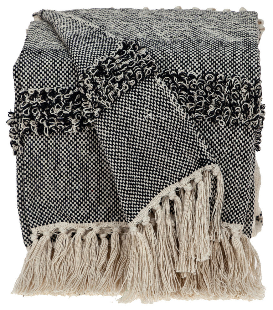 Boho Beige and Black Handloom Weave Throw With Decorative Tassels