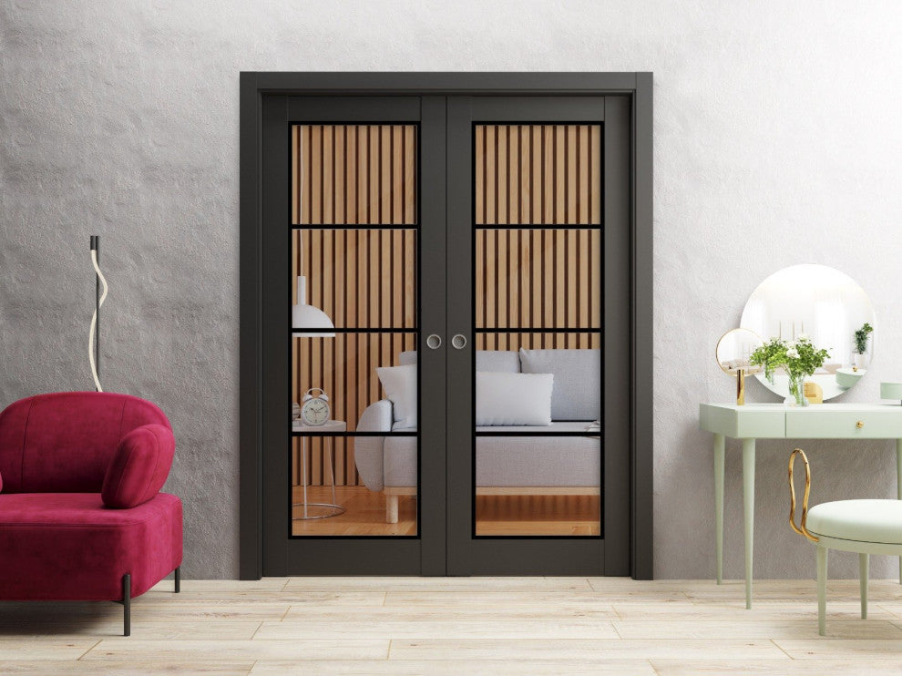 French Double Pocket Doors 60x80 | Lucia 2466 Matte Black | Kit Trims Rail