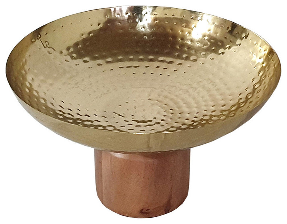 Benzara BM284950 Roe 12" Large Acacia Wood Table Bowl, Steel, Gold & Brown